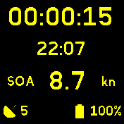 Race mode: elapsed time, time of day, speed, satellites, battery